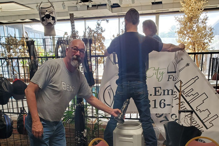 Clint and Stan, owners of EM City with Markus at Oklahoma Leatherfest 2021