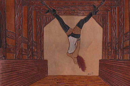 Woman in Upside Down Suspension in Leather Carving